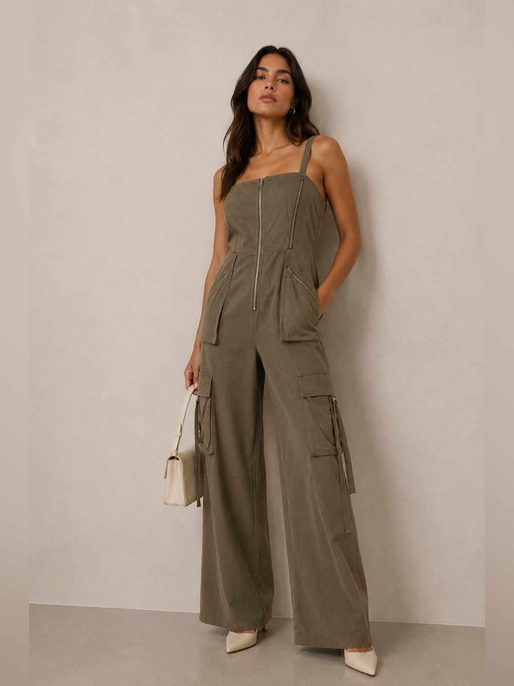 Blogger favorite Olive Cargo Wide Leg Jumpsuit Zip Front Utility Romper Pockets